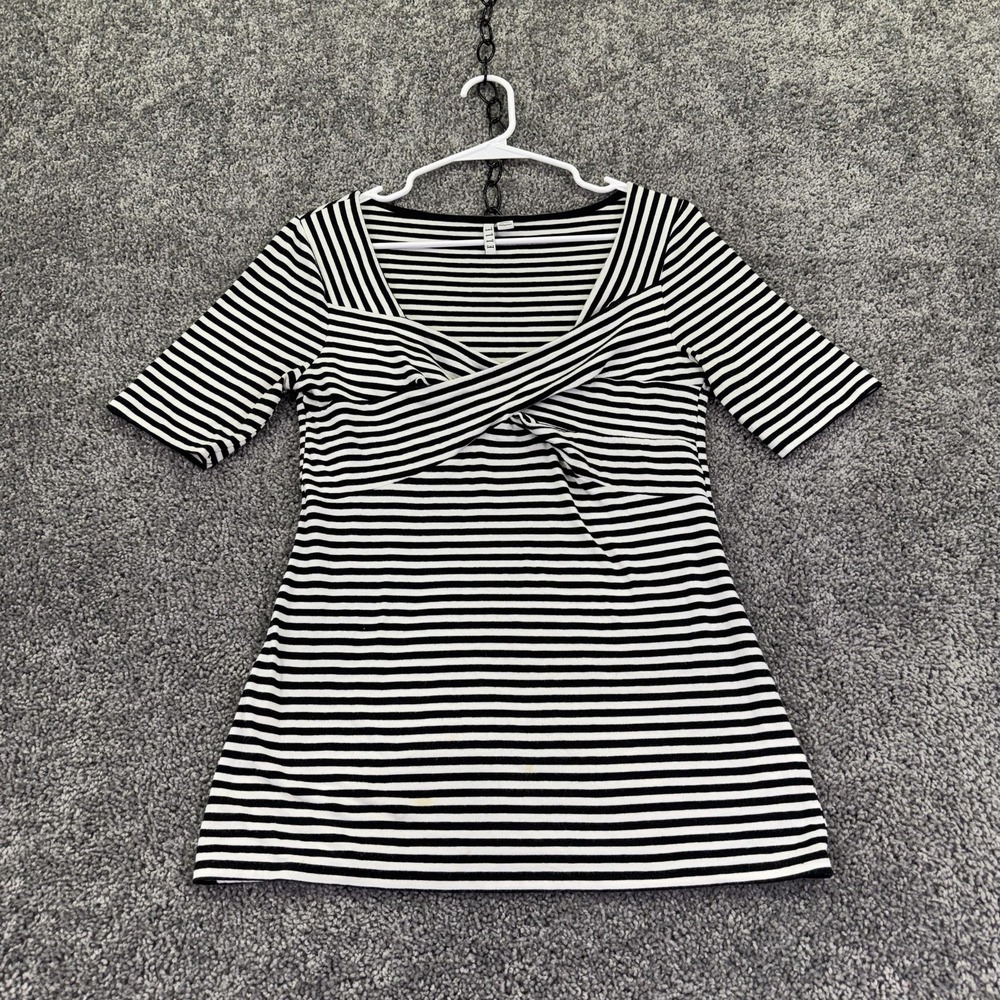 ELLE Shirt Womens M Black White Stripe Twist Front V Neck Jersey Stretch Casual